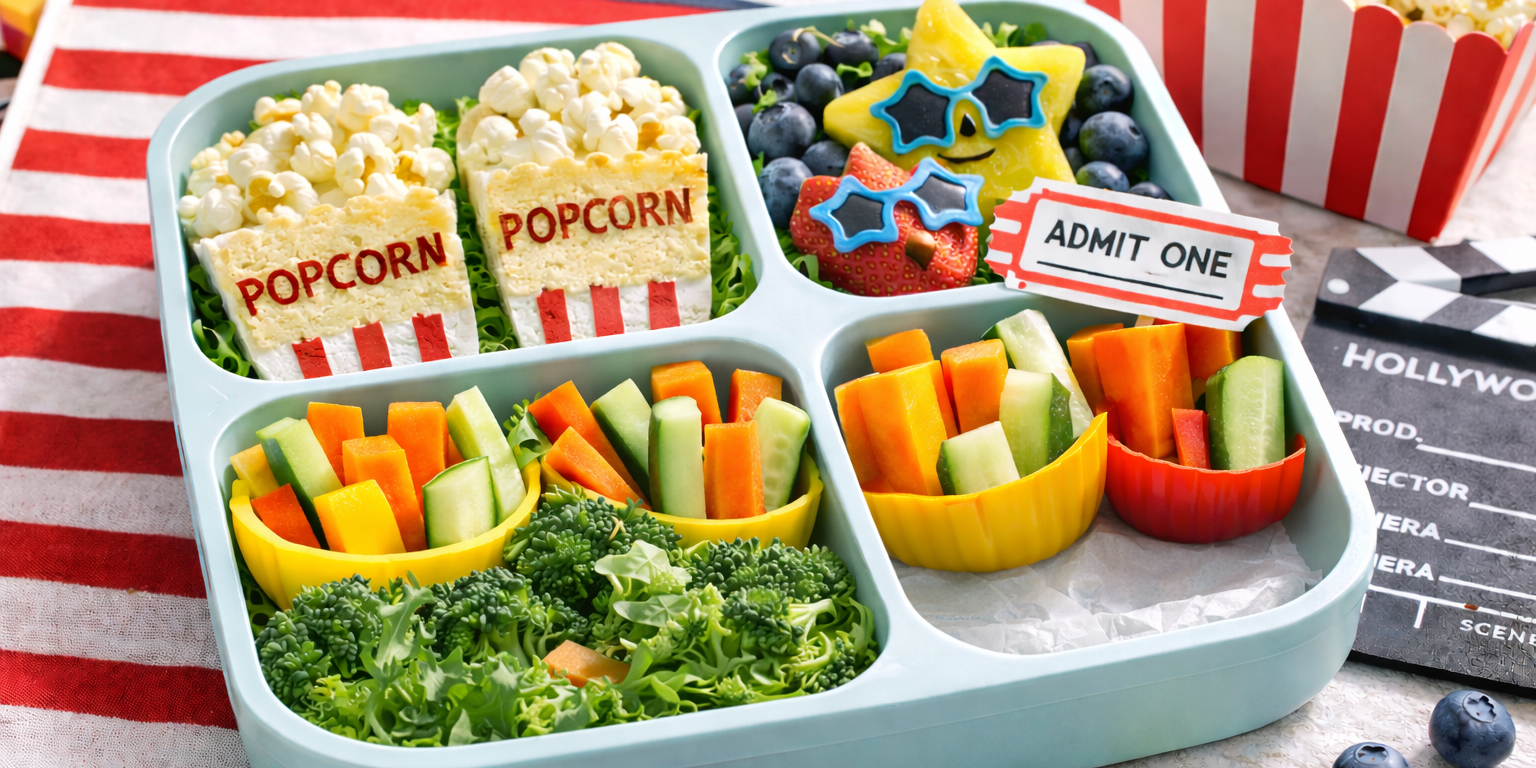 Movie-themed lunchbox with popcorn snacks, colorful finger foods, fruit art, and a lunchbox ticket note in bright natural light.