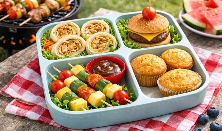 BBQ-themed lunchbox with chicken wrap slices, mini slider, veggie skewers, cornbread muffin, and dipping sauce in bright natural light.
