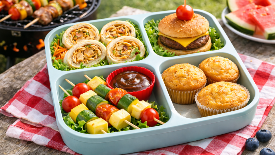 BBQ-themed lunchbox with chicken wrap slices, mini slider, veggie skewers, cornbread muffin, and dipping sauce in bright natural light.