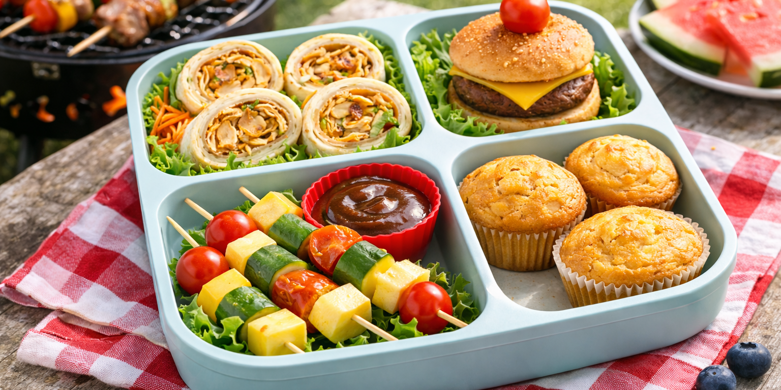 BBQ-themed lunchbox with chicken wrap slices, mini slider, veggie skewers, cornbread muffin, and dipping sauce in bright natural light.