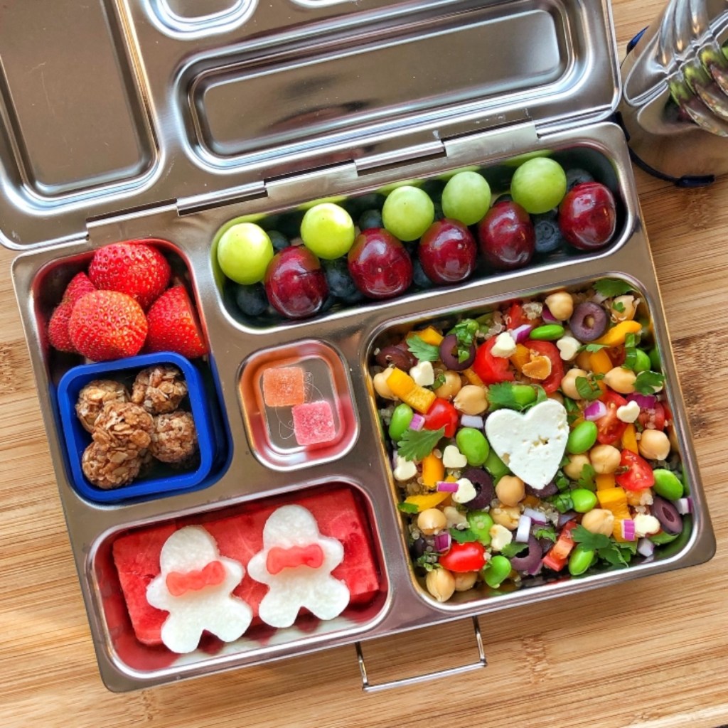 Colorful chickpea salad in a kid's Planetbox lunchbox