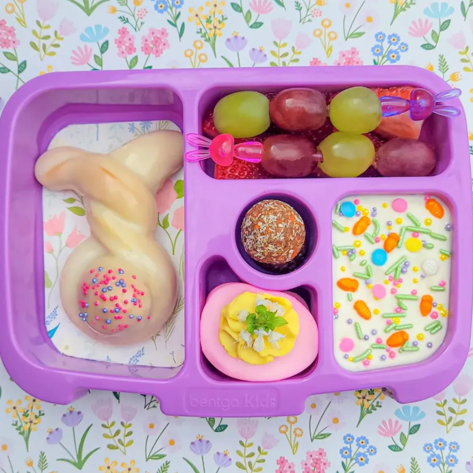 Deviled egg in a Easter-themed lunchbox for kids