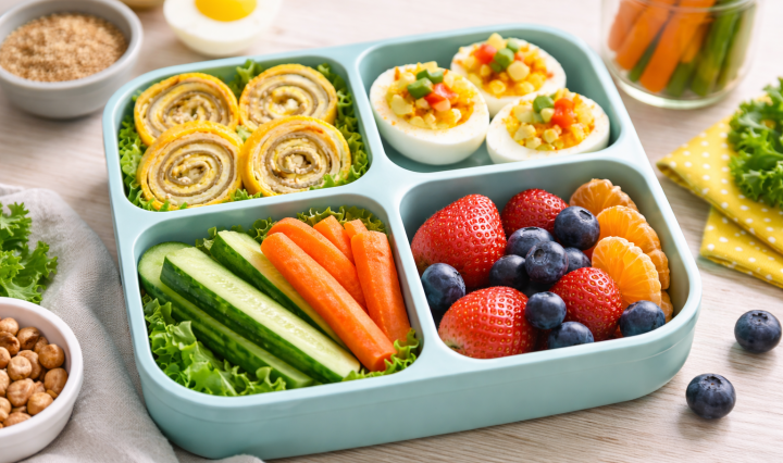Egg-themed lunchbox with rolled omelet slices, deviled eggs, fresh vegetables, and fruit arranged in a bento box.