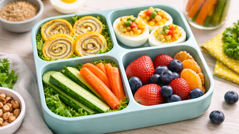 Egg-themed lunchbox with rolled omelet slices, deviled eggs, fresh vegetables, and fruit arranged in a bento box.