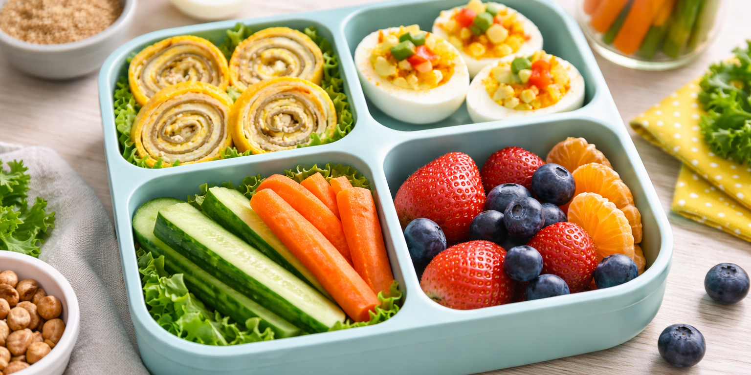 Egg-themed lunchbox with rolled omelet slices, deviled eggs, fresh vegetables, and fruit arranged in a bento box.