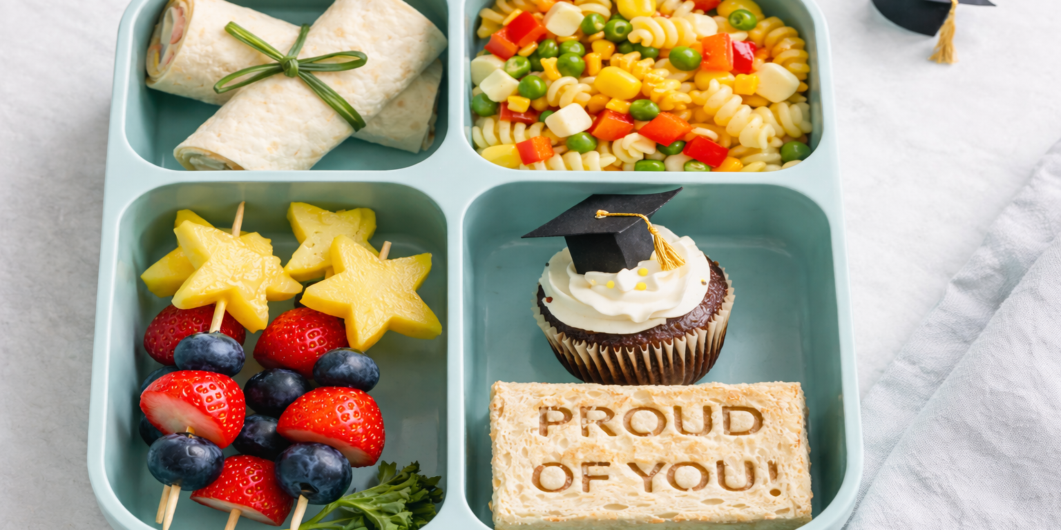 Graduation-themed bento lunchbox with tortilla diploma wraps, confetti pasta salad, star fruit skewers, and a cupcake topped with a graduation cap.