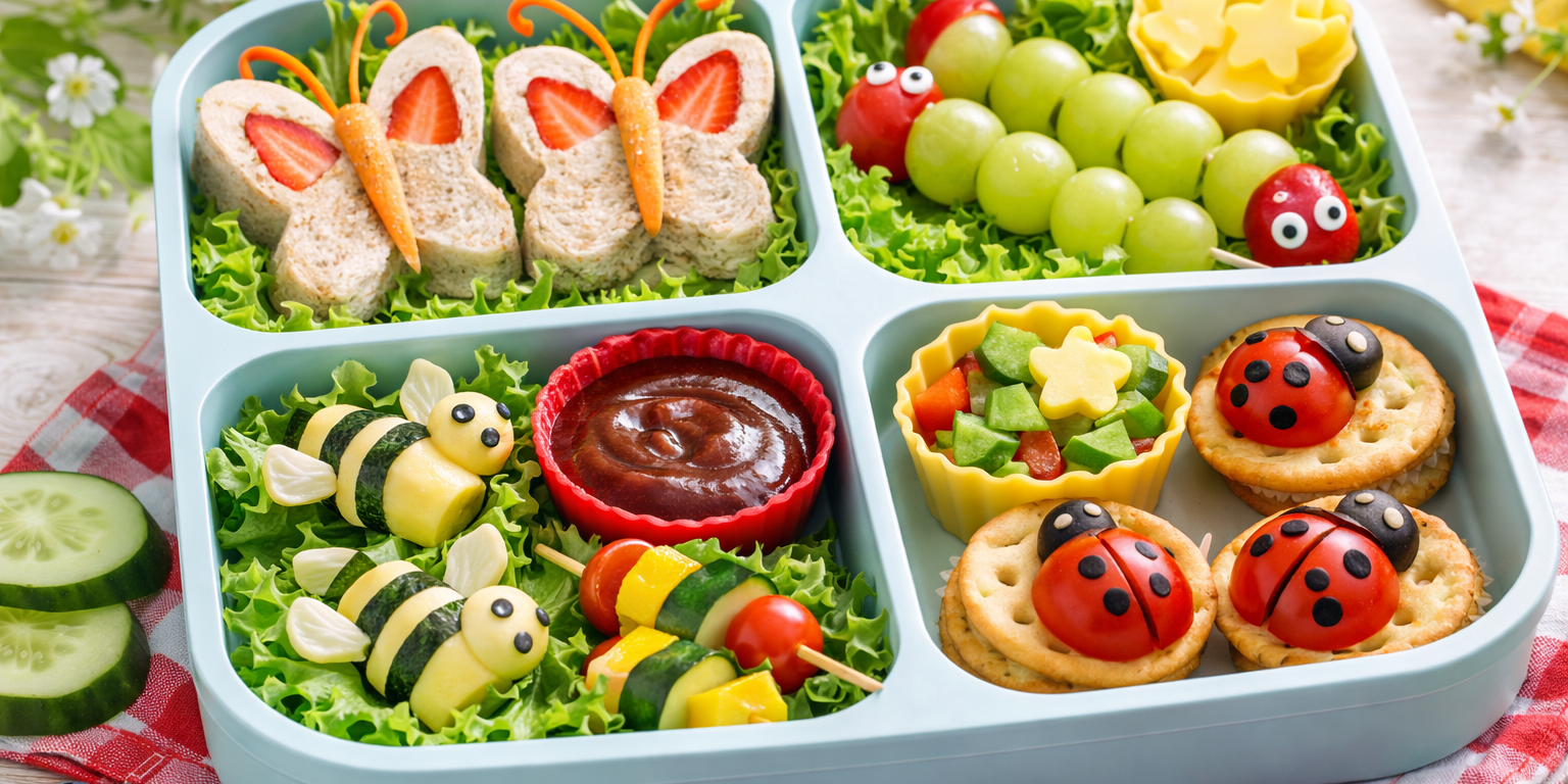 Nature-themed lunchbox with butterfly sandwiches, caterpillar fruit skewers, ladybug crackers, and bee-shaped cheese rolls in bright natural light.