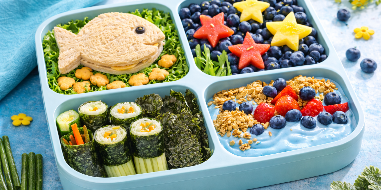 Ocean-themed lunchbox with fish-shaped sandwich, blueberry ocean, seaweed snacks, and star-shaped fruit in bright natural light.