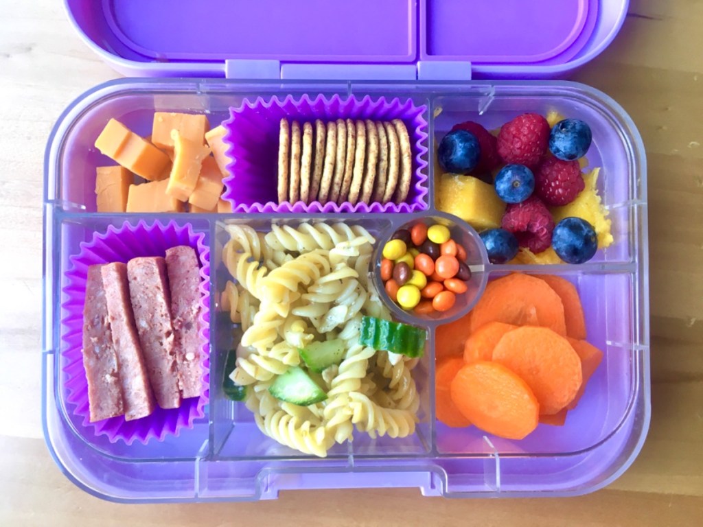 Pasta salad in a lunchbox for a picnic