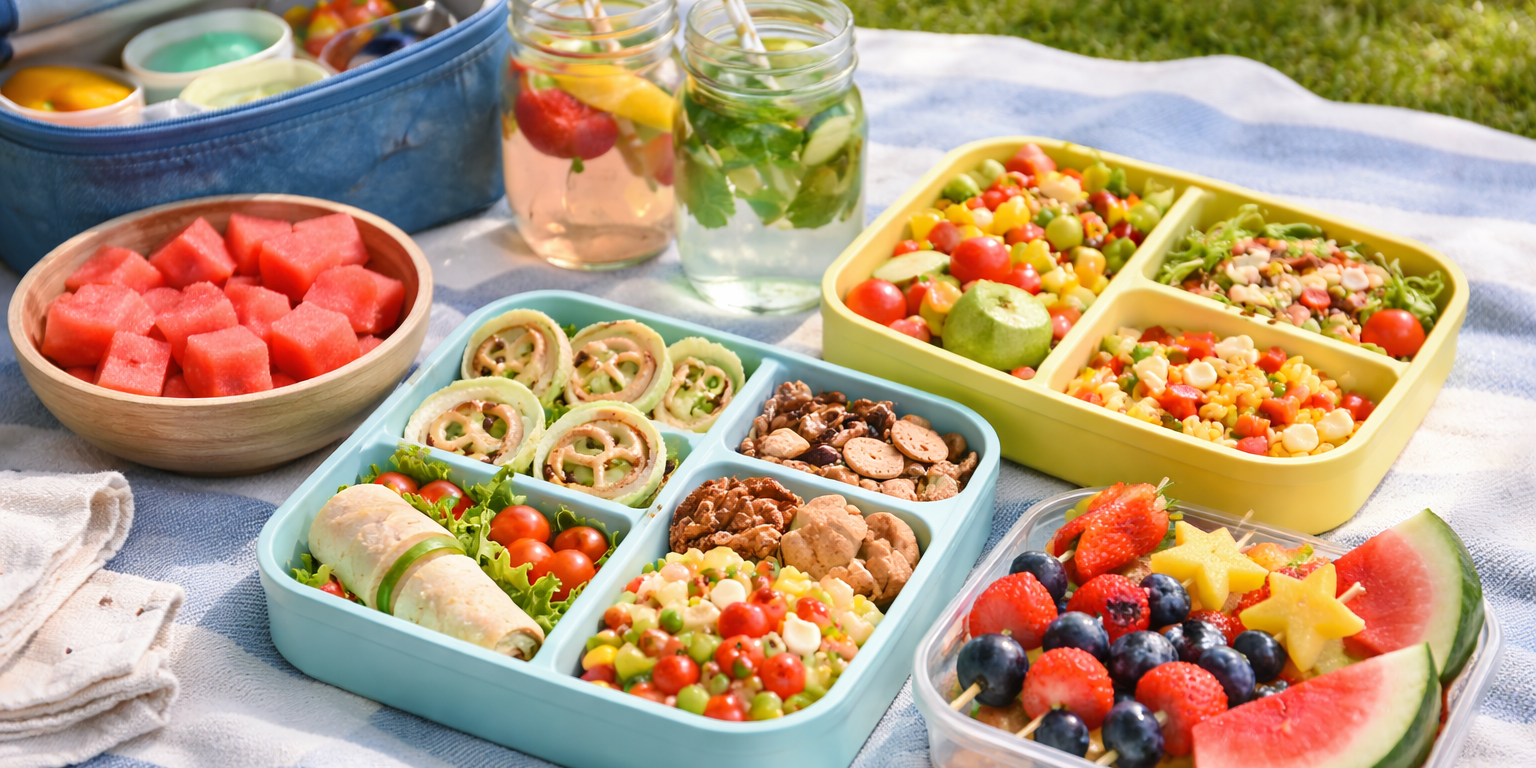Picnic blanket with colorful lunchboxes, fruit skewers, wraps, pasta salad jars, and watermelon slices on a sunny day.