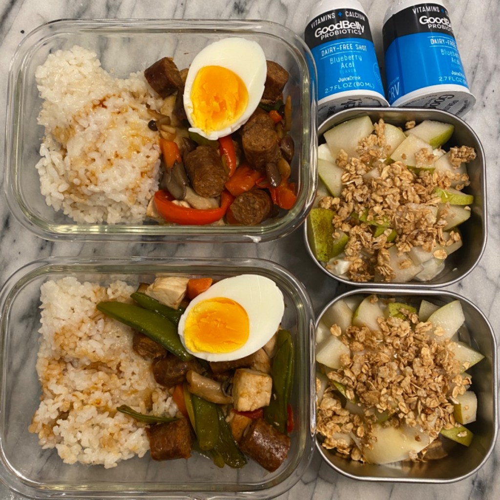 Soft boiled egg on rice for a kid's lunch at school