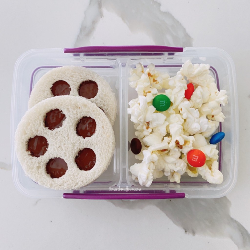 Sandwich and popcorn for a movie-themed lunchbox