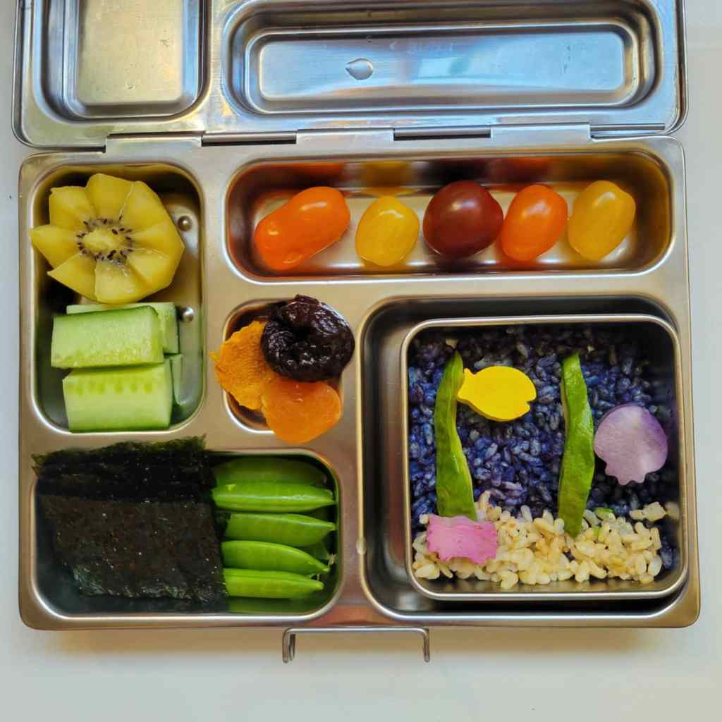 Under the sea themed lunchbox idea for kids with seaweed, rice, fruits and veggies.