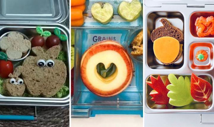 Healthy apple lunchbox ideas for school featuring apple slices, muffins and kid-friendly snacks